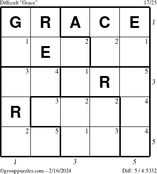 The grouppuzzles.com Difficult Grace puzzle for Friday February 16, 2024 with all 5 steps marked