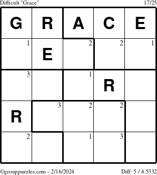 The grouppuzzles.com Difficult Grace puzzle for Friday February 16, 2024 with the first 3 steps marked