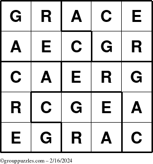 The grouppuzzles.com Answer grid for the Grace puzzle for Friday February 16, 2024