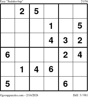 The grouppuzzles.com Easy Sudoku-6up puzzle for Friday February 16, 2024