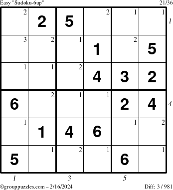 The grouppuzzles.com Easy Sudoku-6up puzzle for Friday February 16, 2024 with all 3 steps marked