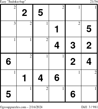 The grouppuzzles.com Easy Sudoku-6up puzzle for Friday February 16, 2024 with the first 3 steps marked