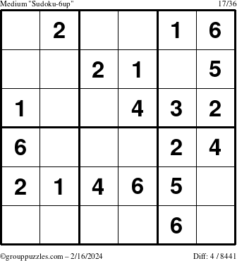 The grouppuzzles.com Medium Sudoku-6up puzzle for Friday February 16, 2024