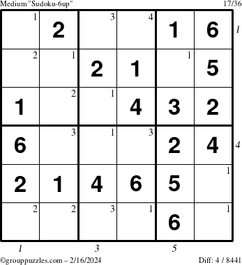 The grouppuzzles.com Medium Sudoku-6up puzzle for Friday February 16, 2024 with all 4 steps marked