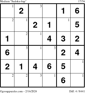 The grouppuzzles.com Medium Sudoku-6up puzzle for Friday February 16, 2024 with the first 3 steps marked