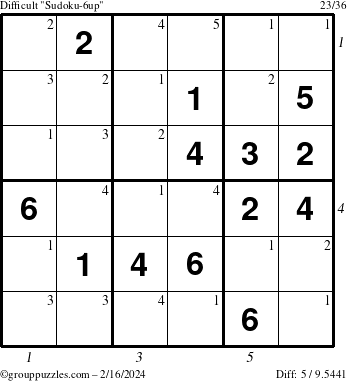 The grouppuzzles.com Difficult Sudoku-6up puzzle for Friday February 16, 2024 with all 5 steps marked