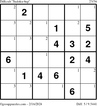 The grouppuzzles.com Difficult Sudoku-6up puzzle for Friday February 16, 2024 with the first 3 steps marked