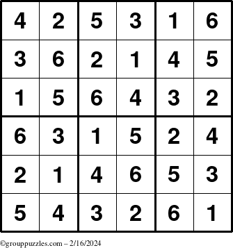 The grouppuzzles.com Answer grid for the Sudoku-6up puzzle for Friday February 16, 2024