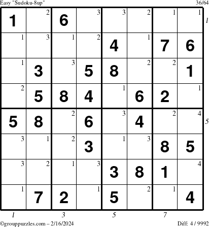 The grouppuzzles.com Easy Sudoku-8up puzzle for Friday February 16, 2024 with all 4 steps marked