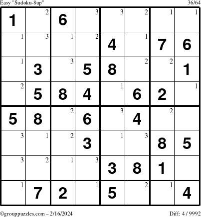 The grouppuzzles.com Easy Sudoku-8up puzzle for Friday February 16, 2024 with the first 3 steps marked