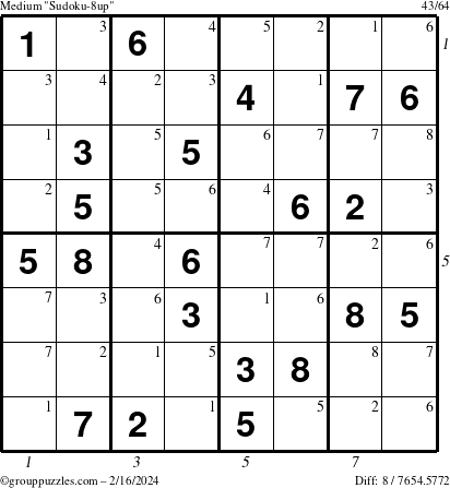 The grouppuzzles.com Medium Sudoku-8up puzzle for Friday February 16, 2024 with all 8 steps marked