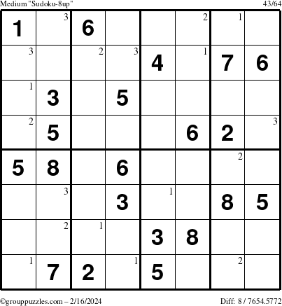 The grouppuzzles.com Medium Sudoku-8up puzzle for Friday February 16, 2024 with the first 3 steps marked