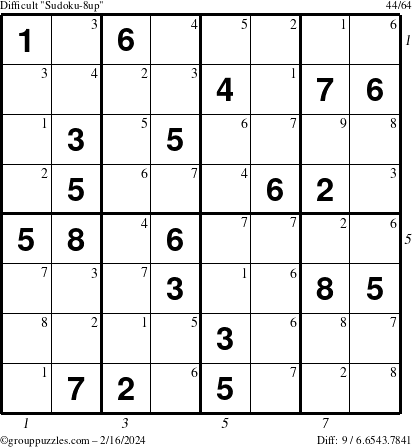 The grouppuzzles.com Difficult Sudoku-8up puzzle for Friday February 16, 2024 with all 9 steps marked