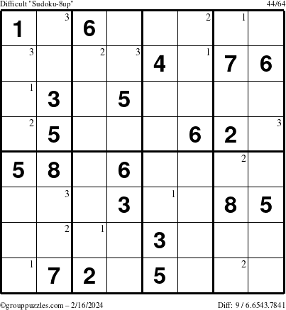The grouppuzzles.com Difficult Sudoku-8up puzzle for Friday February 16, 2024 with the first 3 steps marked