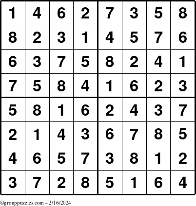 The grouppuzzles.com Answer grid for the Sudoku-8up puzzle for Friday February 16, 2024