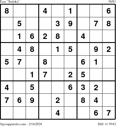 The grouppuzzles.com Easy Sudoku puzzle for Friday February 16, 2024