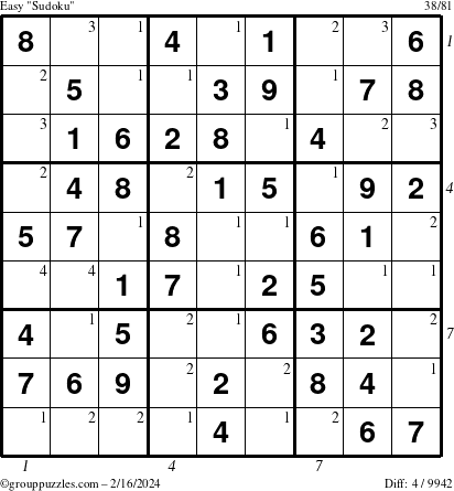 The grouppuzzles.com Easy Sudoku puzzle for Friday February 16, 2024 with all 4 steps marked