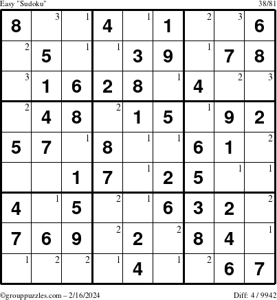 The grouppuzzles.com Easy Sudoku puzzle for Friday February 16, 2024 with the first 3 steps marked