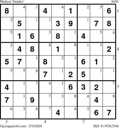 The grouppuzzles.com Medium Sudoku puzzle for Friday February 16, 2024 with all 8 steps marked