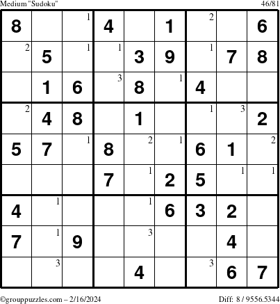 The grouppuzzles.com Medium Sudoku puzzle for Friday February 16, 2024 with the first 3 steps marked