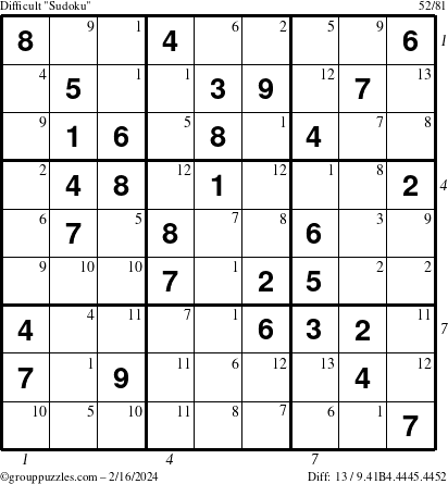 The grouppuzzles.com Difficult Sudoku puzzle for Friday February 16, 2024 with all 13 steps marked