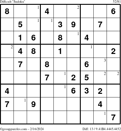 The grouppuzzles.com Difficult Sudoku puzzle for Friday February 16, 2024 with the first 3 steps marked