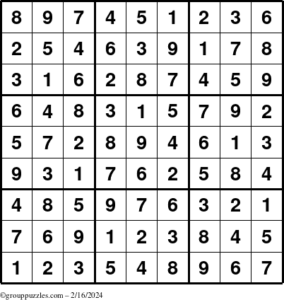 The grouppuzzles.com Answer grid for the Sudoku puzzle for Friday February 16, 2024