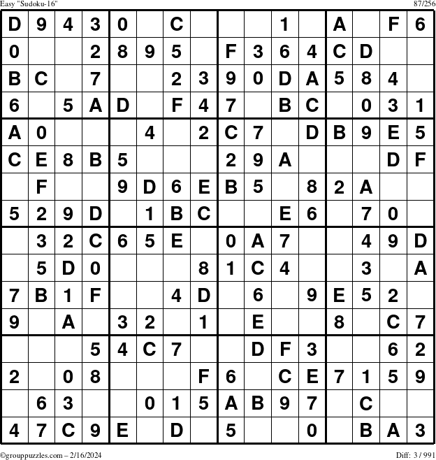 The grouppuzzles.com Easy Sudoku-16 puzzle for Friday February 16, 2024