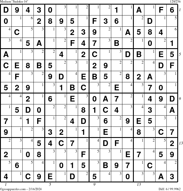 The grouppuzzles.com Medium Sudoku-16 puzzle for Friday February 16, 2024 with all 6 steps marked