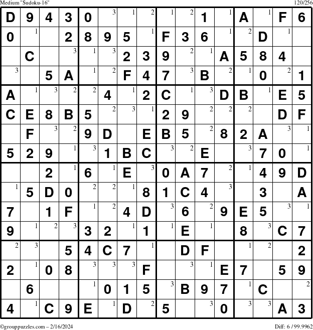 The grouppuzzles.com Medium Sudoku-16 puzzle for Friday February 16, 2024 with the first 3 steps marked