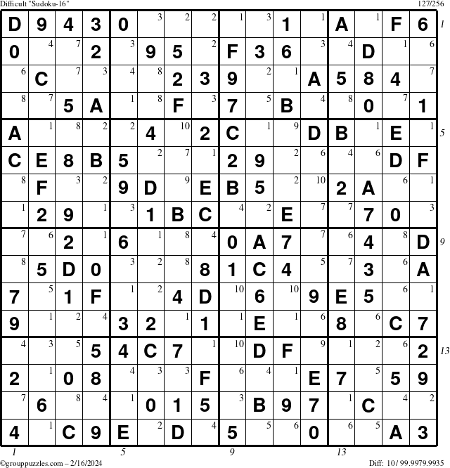 The grouppuzzles.com Difficult Sudoku-16 puzzle for Friday February 16, 2024 with all 10 steps marked