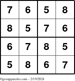 The grouppuzzles.com Answer grid for the Sudoku-4-5678 puzzle for Monday February 19, 2024
