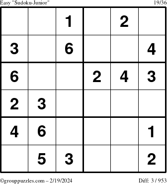 The grouppuzzles.com Easy Sudoku-Junior puzzle for Monday February 19, 2024