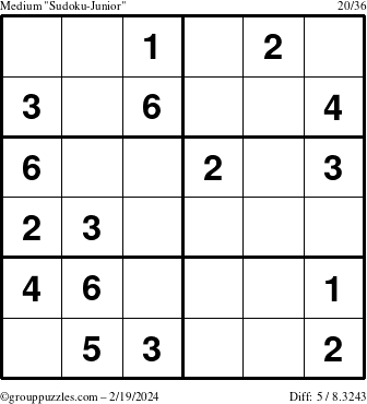 The grouppuzzles.com Medium Sudoku-Junior puzzle for Monday February 19, 2024