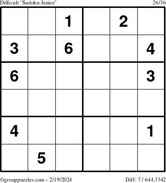 The grouppuzzles.com Difficult Sudoku-Junior puzzle for Monday February 19, 2024