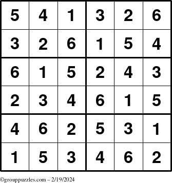 The grouppuzzles.com Answer grid for the Sudoku-Junior puzzle for Monday February 19, 2024