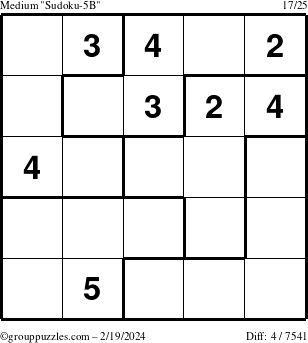 The grouppuzzles.com Medium Sudoku-5B puzzle for Monday February 19, 2024