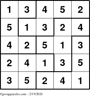 The grouppuzzles.com Answer grid for the Sudoku-5B puzzle for Monday February 19, 2024