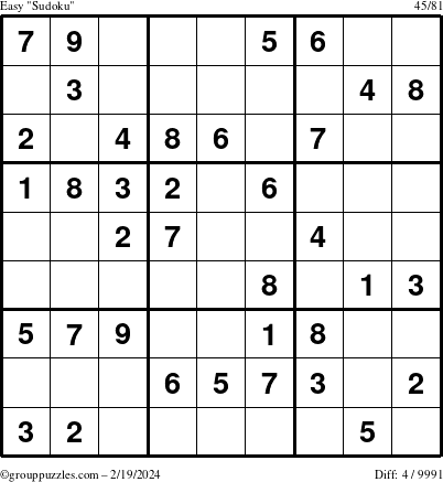 The grouppuzzles.com Easy Sudoku puzzle for Monday February 19, 2024