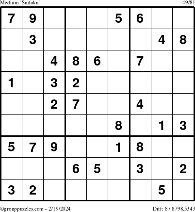 The grouppuzzles.com Medium Sudoku puzzle for Monday February 19, 2024