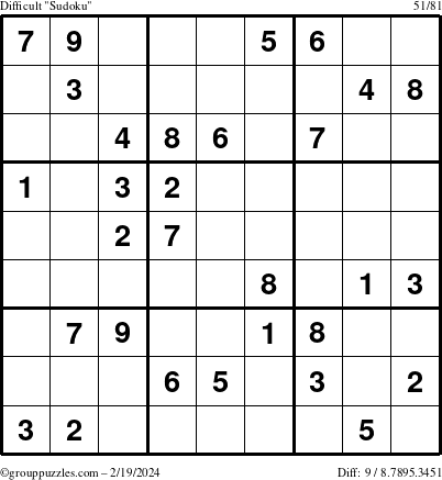 The grouppuzzles.com Difficult Sudoku puzzle for Monday February 19, 2024