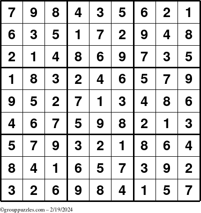 The grouppuzzles.com Answer grid for the Sudoku puzzle for Monday February 19, 2024