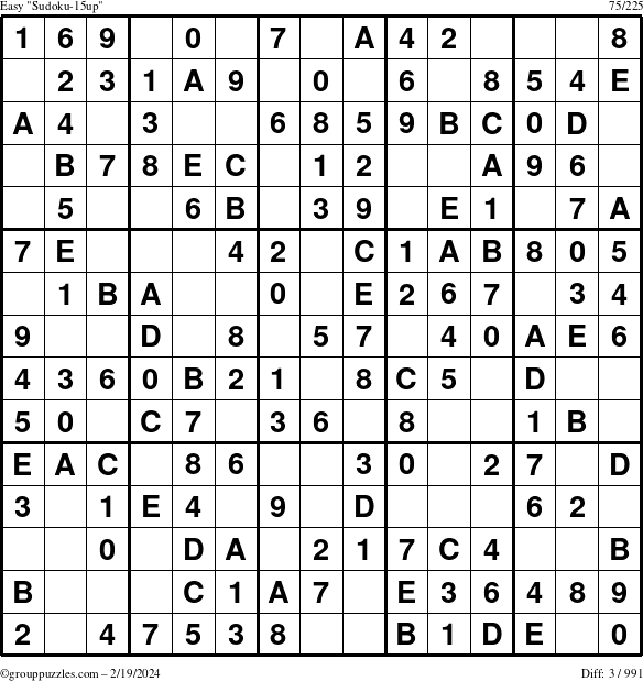 The grouppuzzles.com Easy Sudoku-15up puzzle for Monday February 19, 2024
