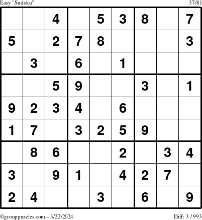 The grouppuzzles.com Easy Sudoku puzzle for Friday March 22, 2024