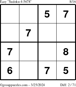 The grouppuzzles.com Easy Sudoku-4-5678 puzzle for Monday March 25, 2024
