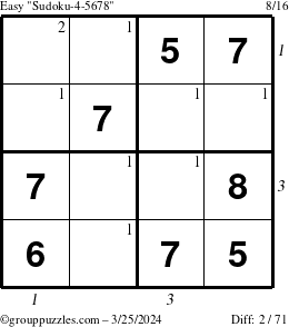 The grouppuzzles.com Easy Sudoku-4-5678 puzzle for Monday March 25, 2024 with all 2 steps marked