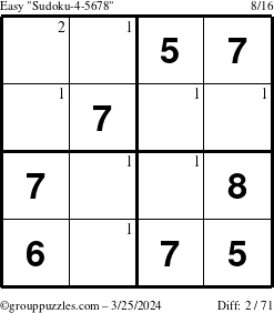 The grouppuzzles.com Easy Sudoku-4-5678 puzzle for Monday March 25, 2024 with the first 2 steps marked