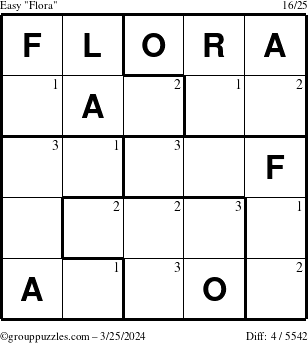 The grouppuzzles.com Easy Flora puzzle for Monday March 25, 2024 with the first 3 steps marked