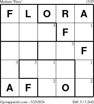 The grouppuzzles.com Medium Flora puzzle for Monday March 25, 2024 with the first 3 steps marked
