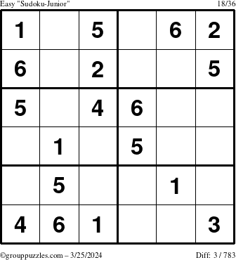 The grouppuzzles.com Easy Sudoku-Junior puzzle for Monday March 25, 2024